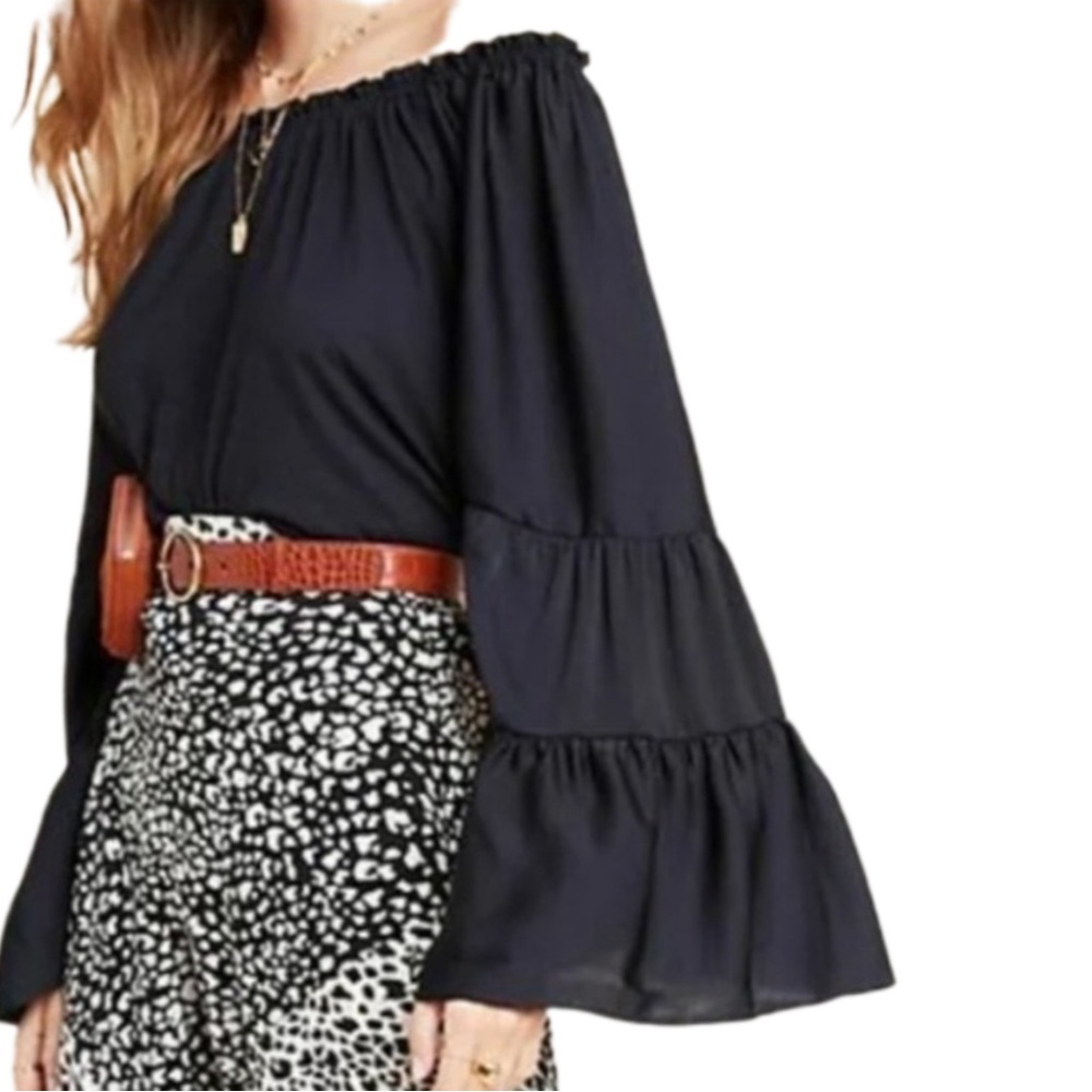 Anthropologie Black Off-Shoulder Blouse with Bell Sleeves - Picture 7 of 12